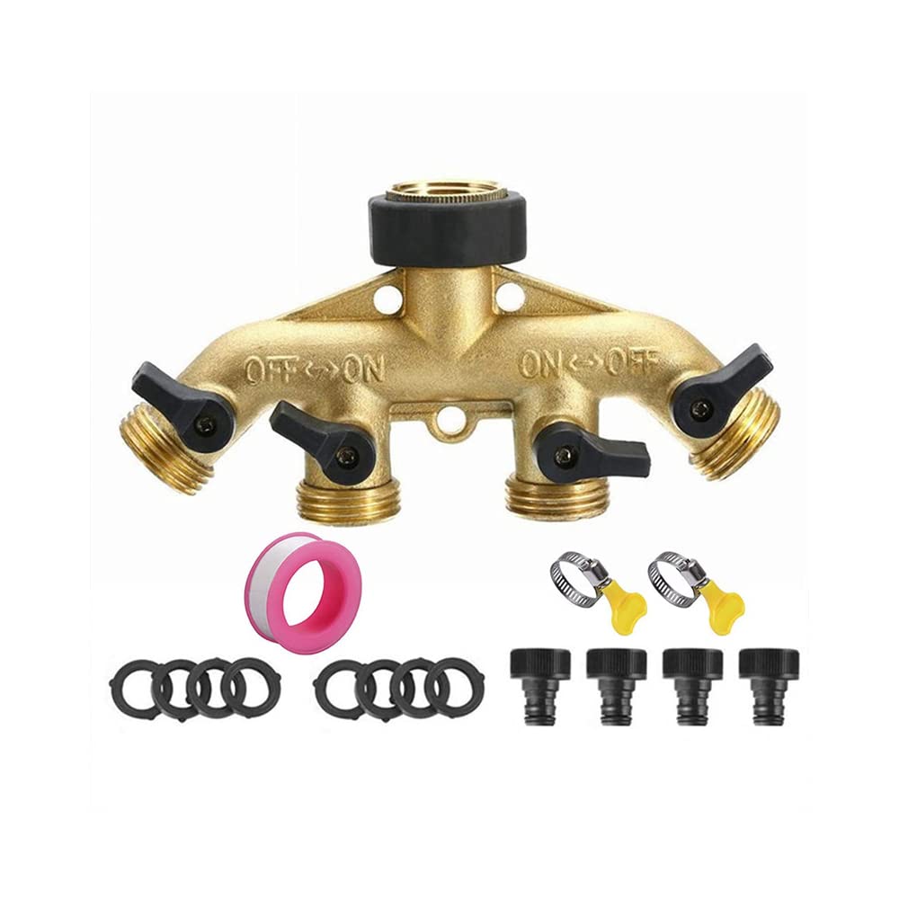 SEIWEI 4 Way Solid Brass Tap Connector, Heavy Duty Outdoor Hose Splitter Garden Tap Adaptor Water Pipe Manifold Individual Shut OFF/ON Valve for Garden Watering Lawn Maintenance（EU Standard）