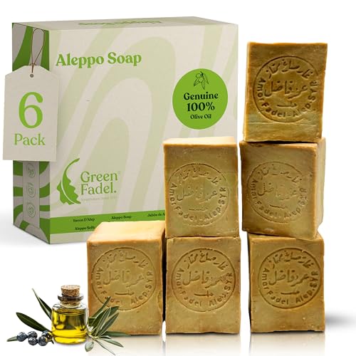 Green Fadel Aleppo Seife Original, 100% Olivenöl, 6 X Ca. 200G (Genuine), Olivenölseife, Naturseife, Kernseife, Handgemacht, Vegan