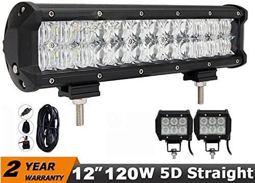 Yamaige 5D Lens 12" 120W LED Light Bar IP68 Waterproof Flood Spot Combo Beam for Offroad SUV UTE ATV Truck Boat with FREE 2PCS 18W Flood LED Work Lights and Wiring Harness and Mounts