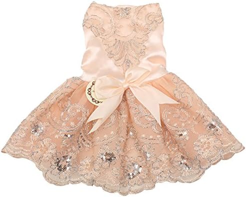 Fashion Luxury Dog Wedding Dress Bows Lace Design Pet Puppy Clothing (M,Wheat)