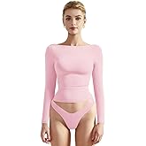 SUUKSESS Women Crew Neck Long Sleeve T Shirts Double Lined Tight Fitted Crop Top