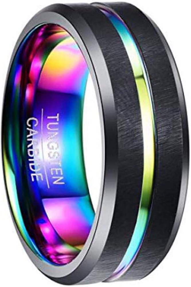 NUNCAD 8mm Men's Tungsten Carbide Ring MultiColor Plated Grooved Black