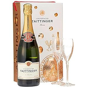 Taittinger Champagner 0,75l Brut Réserve mit zwei Gläser im Geschenkkarton – Geschenkset