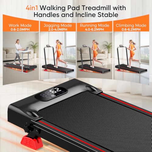 Walking Pad with 9% Incline, 4-in-1 Under Desk Treadmill with Handle Bar, 6.2 MPH Speed and 3.0 HP Motor, Compact Quiet Walking Machine for Home Office, 300 lb Capacity