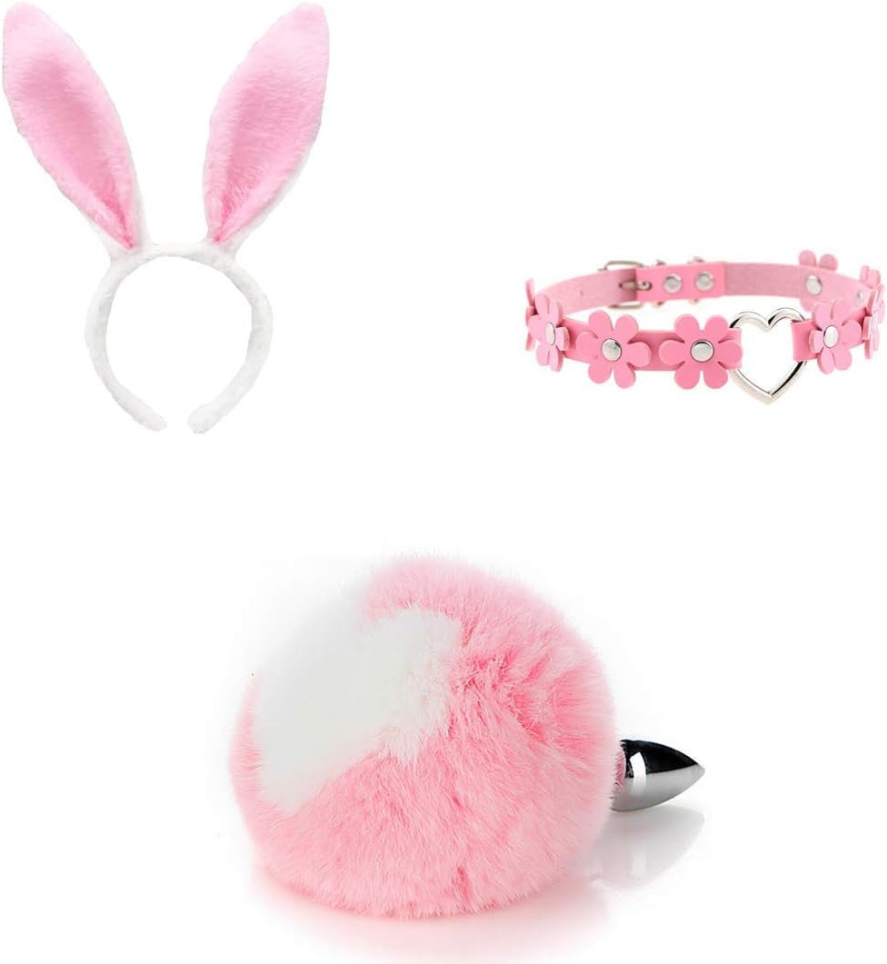 3Pcs,White Heart Fluffy B-ütt P-l-ǔ-g Rabbit Tail,Flowers Collar Choker, Rabbit Ears Headband Cosplay Role Play Toys C (L)