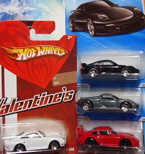 Hot Wheels Detailed Diecast Porsche Set: Valentines Issue White 959 5 Spoke - Deep Metallic Silver Carrera GT Pr5 - Black 911 GT2 Pr5 & The Red 993 GT2 Black J5 [4 Pieces} 1/64 Scale