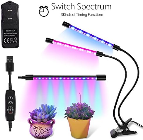 18W Indoor Plants Grow light Timing Function Switch Spectrum Red Blue Red-Blue 3 Switch Modes Dual Head 36 LED Chips 3 6 12 H Timer Adjustable Gooseneck 5 Dimmable Levels
