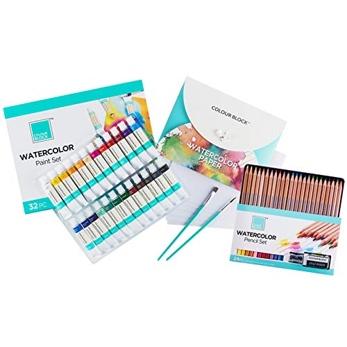 COLOUR BLOCK 56 Piece Watercolor Bundle Set with 24pc Color Watercolor Pencil Set in Tin Box and 32pc Watercolor Paint Set in Cardboard Gift Box