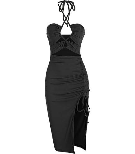 Women Sexy Ruched High Split Bodycon Maxi Dress Sleeveless Hollow Out Halter Party Cocktail Long Dress Black : Clothing, Shoes & Jewelry