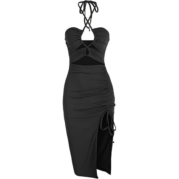 Amazon.com: SOLY HUX Women's Cut Out Ruched Halter Dress High Split  Drawstring Bodycon Maxi Vacation Dresses Plain Black X-Small : Clothing,  Shoes & Jewelry