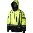 Pioneer Hi Vis Waterproof Heated Safety Bomber Jacket - Class 3 Winter Rain Gear for Men - Reflective Tape - Detachable Hood
