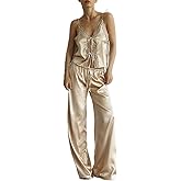 ROAONOCOMO Women Lace Trim Pajama Set Ruffle Babydoll Cami Top Wide Leg Pants Set Silk Satin 2 Piece PJ Lounge Outfit