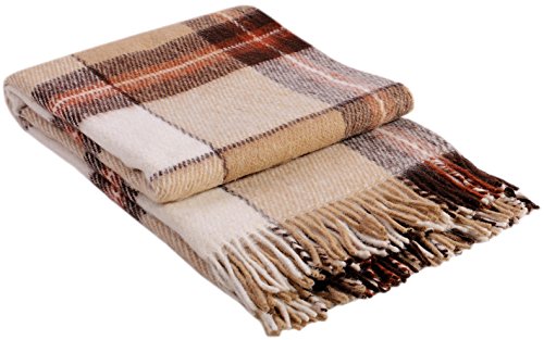 Luxury Wool Blanket 55”x79” by CG Home – Super Warm and Soft Beige / Brown Blanket for Cozy Fall and Winter Days –Tartan Plaid Throw Blanket Accents Any Home Décor by CG Home