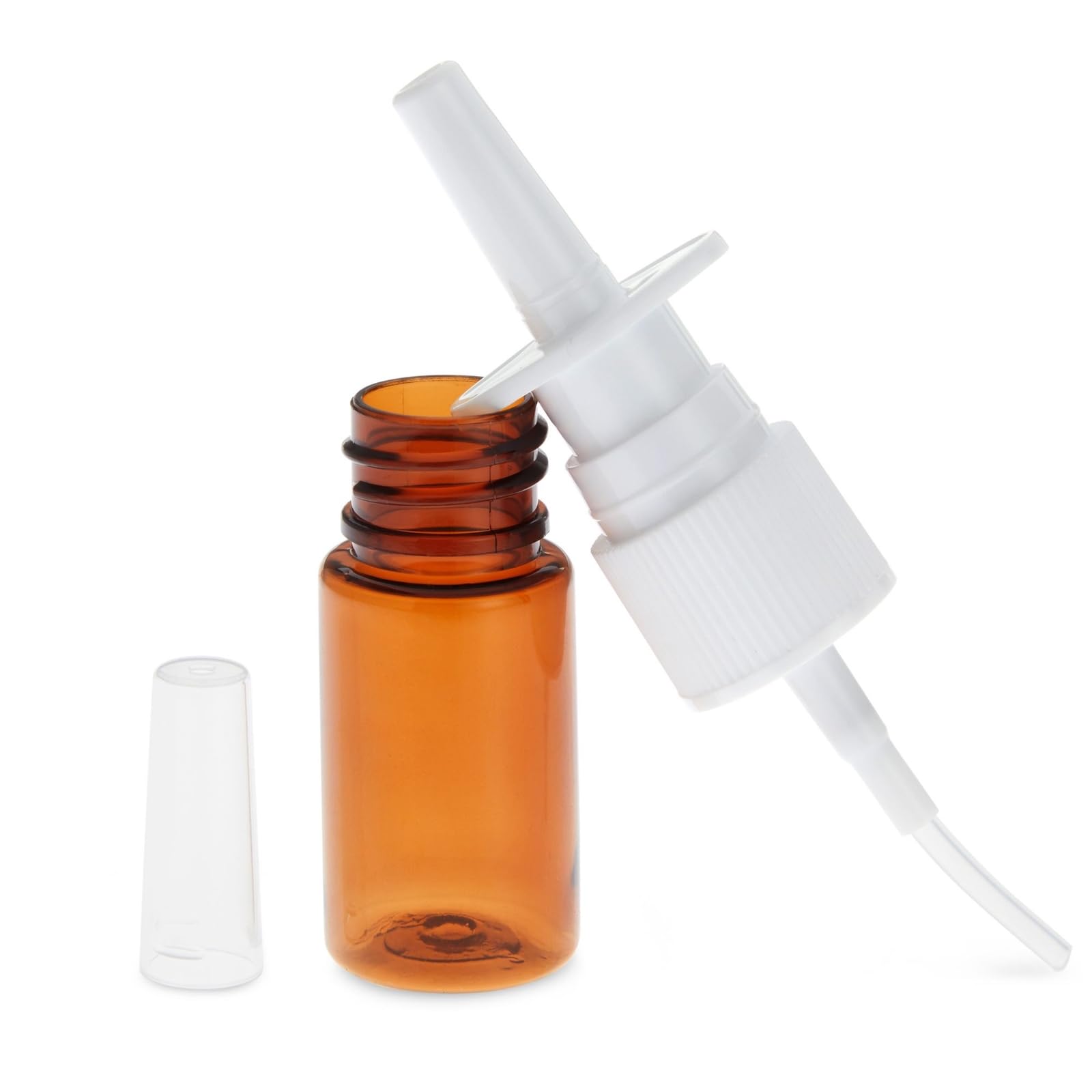 Bright Creations Bulk Nose Spray Bottles - 0.35 fl oz (10 ml) Amber Refillable Plastic Nasal Sprayers - 24-Pack - Fine Mist Caps for Travel & Cosmetic Use