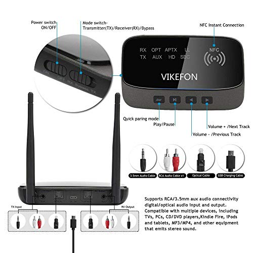 Bluetooth 5.0 Transmitter Receiver,3-in-1 Wireless Bluetooth Audio Adapter with NFC Function,aptX HD & aptX LL(Low Latency),262ft Extra Long Range,Double Pairing Simultaneously,for TV,PC,Car Music