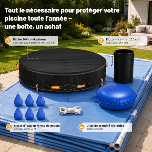 Round Pool Cover 366 cm Kit with Pool Cushion, 6 Hydrated Weight Bags | 420D Oxford UV Protection Overground Swimming Pool Cover with Clip Buckles and Drawstring