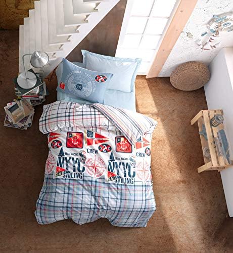 OZINCI Nautical Bedding Set, Sailing and Anchor Themed Single/Twin Size 100% Cotton Duvet Cover Set, Girls Bed Set Kids Bedroom, Comforter Included (4 Pcs)