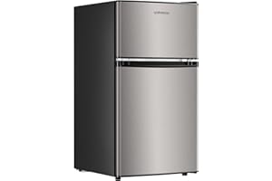 Upstreman 3.2 Cu.Ft Mini Fridge with Freezer, Double Door Mini Fridge, Adjustable Thermostat, Mini Refrigerator for Dorm, Office, Bedroom, Stainless-SD321