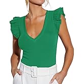 Ezbelle Women's Summer Sleeveless Tops V Neck Ruffle Shirts Knit Ribbed Tank Top Sexy Blouse