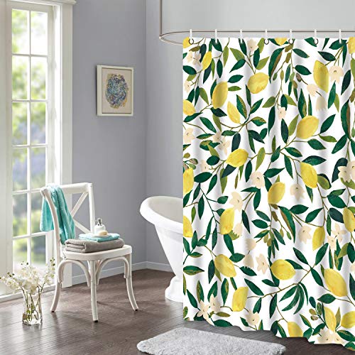 Lifeel Lemon Shower Curtains, Allover Fruits Shower Curtain Green Leaves Plant Design Waterproof Fabric Bathroom Shower Curtain Set with 12 Hooks, Green Yellow 72"Ã—72"