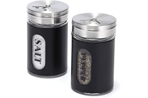 STJKBDFC Salt and Pepper Shakers Stainless Steel and Glass Set with Adjustable Pour Holes (Black)