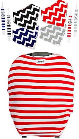 Infant Carrier Cover for Boys Girls - Multi-Use Stretchy Car Seat Cover Gift Set with Bonus Carrying Pouch, Bandana Bibs And Pacifier Clips (Red/White Stripes)