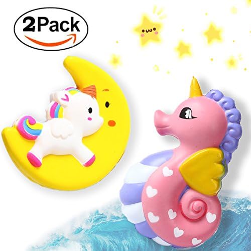 Woqoo 2 Pack Squishies Slow Rising Jumbo Moon Unicorn + Hippocampus Sea Horse Kawaii Soft Scented Squishy Stress Relief Toys Animals Toys Easter Gifts for Kid Adults