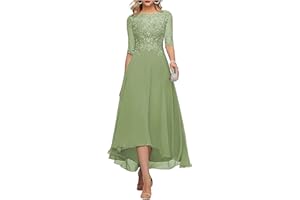 FNKSCRAFT Lace Appliques Mother of The Bride Dress 3/4 Sleeves A line Tea Length Chiffon Formal Wedding Party Prom Gowns for Women