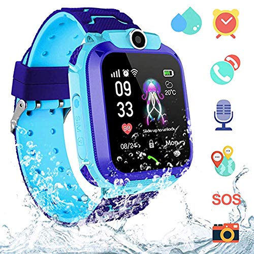 AGPS Waterproof Kids Smart Watch for Students, Girls Boys Touch Screen Smartwatch with AGPS/LBS Tracker Voice Chat One-Key SOS Help Anti-Lost Calling Phone Watches (S12 Blue)