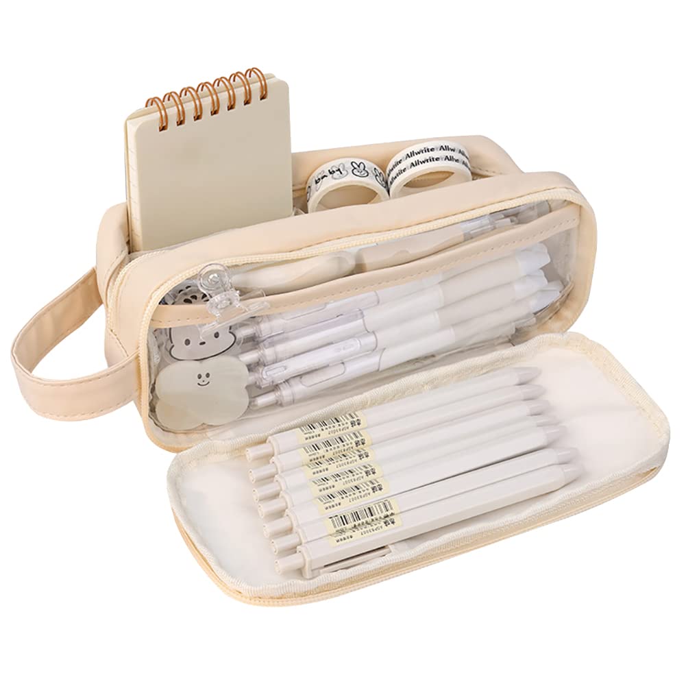 JIHUOO Large Capacity Pencil Case Bag PVC Pencil Pouch Double Layered Pen Bag Aesthetic Pen Pouch Toiletry Bag School Supplies White