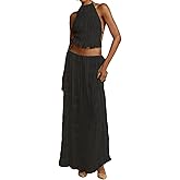 Argeousgor 2 Piece Maxi Skirt Set for Women Lace Up Back Tank Tops Tie Up High Waist Long Skirt Set