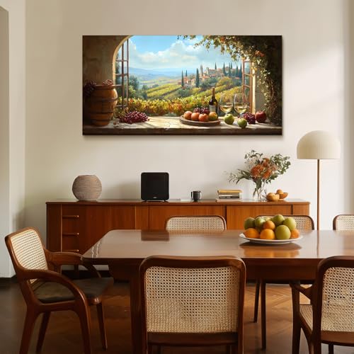 MHARTK66 Wine-growing landscape painting, 73 x 146 cm, XXL decorative canvases with window, fruit and wine glasses, Tuscan and rustic decoration for living room, dining room, bedroom, hallway, bathroom, office