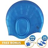 Royal Swim Cap for Long Hair - Good for Women & Men - Waterproof Premium Silicone Bathing Caps - Special Shape for Effective Ear Protection - Keeps Hair Dry - with Nose Clip & Ear Plugs