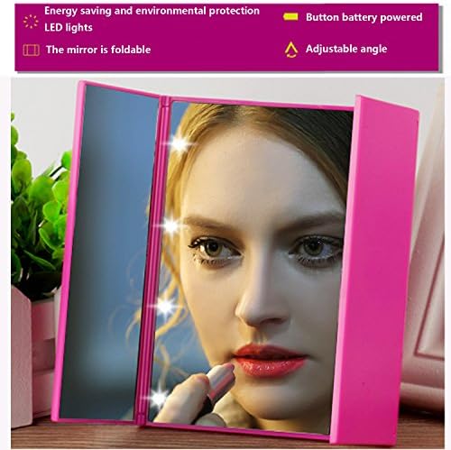 Tri Folding Lighted LED Vanity Mirror for Make Up Portable Travel Cosmetic Mirror-By MEET Y (Fuschia)