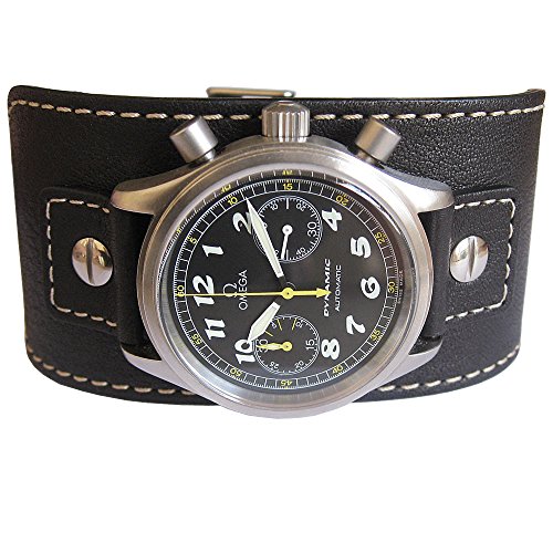 EULIT Germany 20mm Wide Black Riveted Cuff Buffalo-Grain Leather Mens Watch Strap