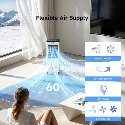 Portable Air Conditioner,4-in-1 AC Unit with 3 Speeds, 12H Timer, 60° Oscillation, 35dB Quiet, Remote Control, 10L Water Tank & 4 Ice Packs,60W Evaporative Air Cooler for Home & Office Bedroom（Black）