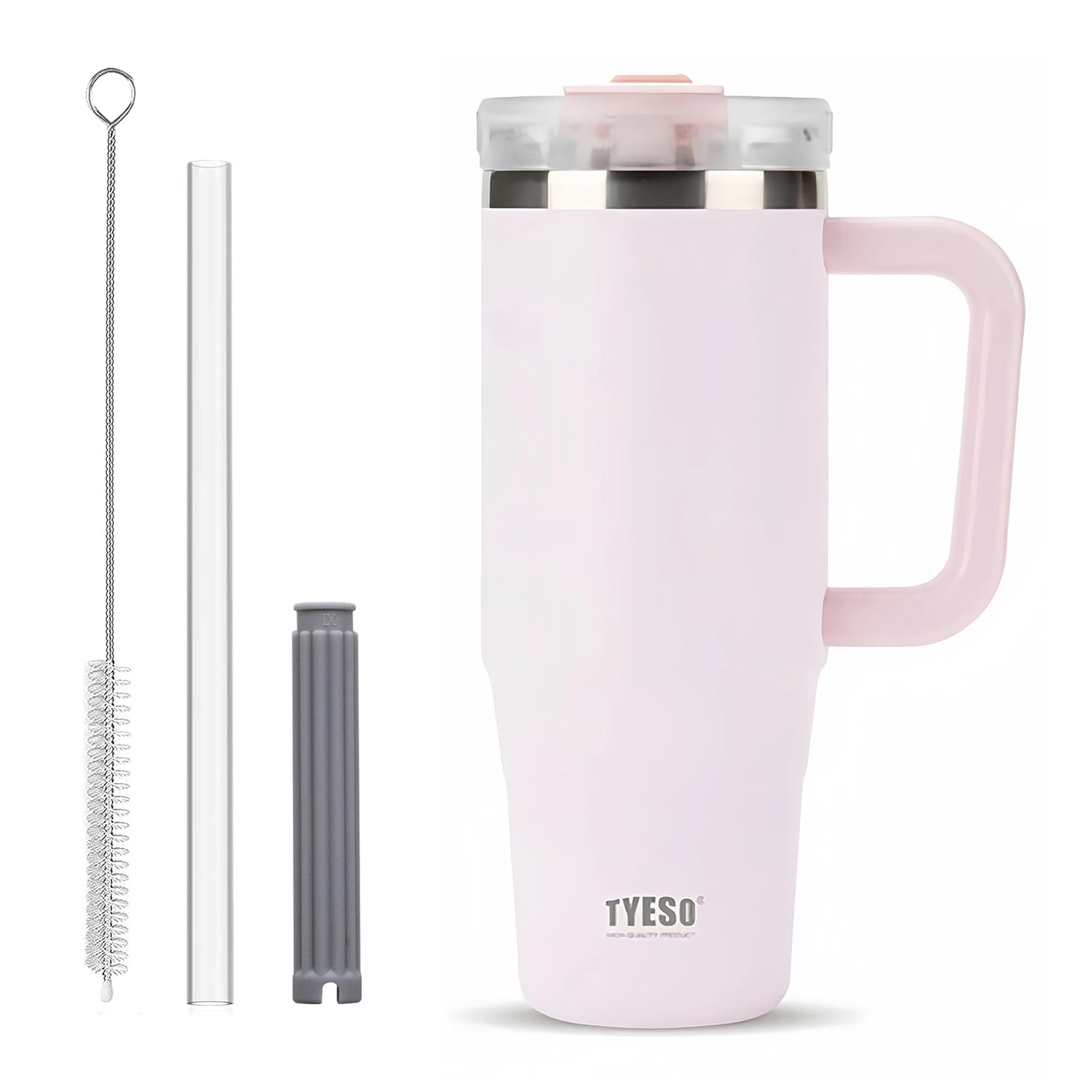 Coffee Cup Travel Mug with Handle, 30oz Tumbler with Lockable Lid, Stainless Steel Vacuum Insulated Water Bottle with Straw, Leakproof & Portable Travel Cup for Hot and Cold Drinks (Light Pink)
