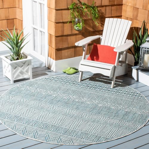 SAFAVIEH Washable Rug Outdoor Courtyard Collection - 6'7" Round, Grey & Teal, N…