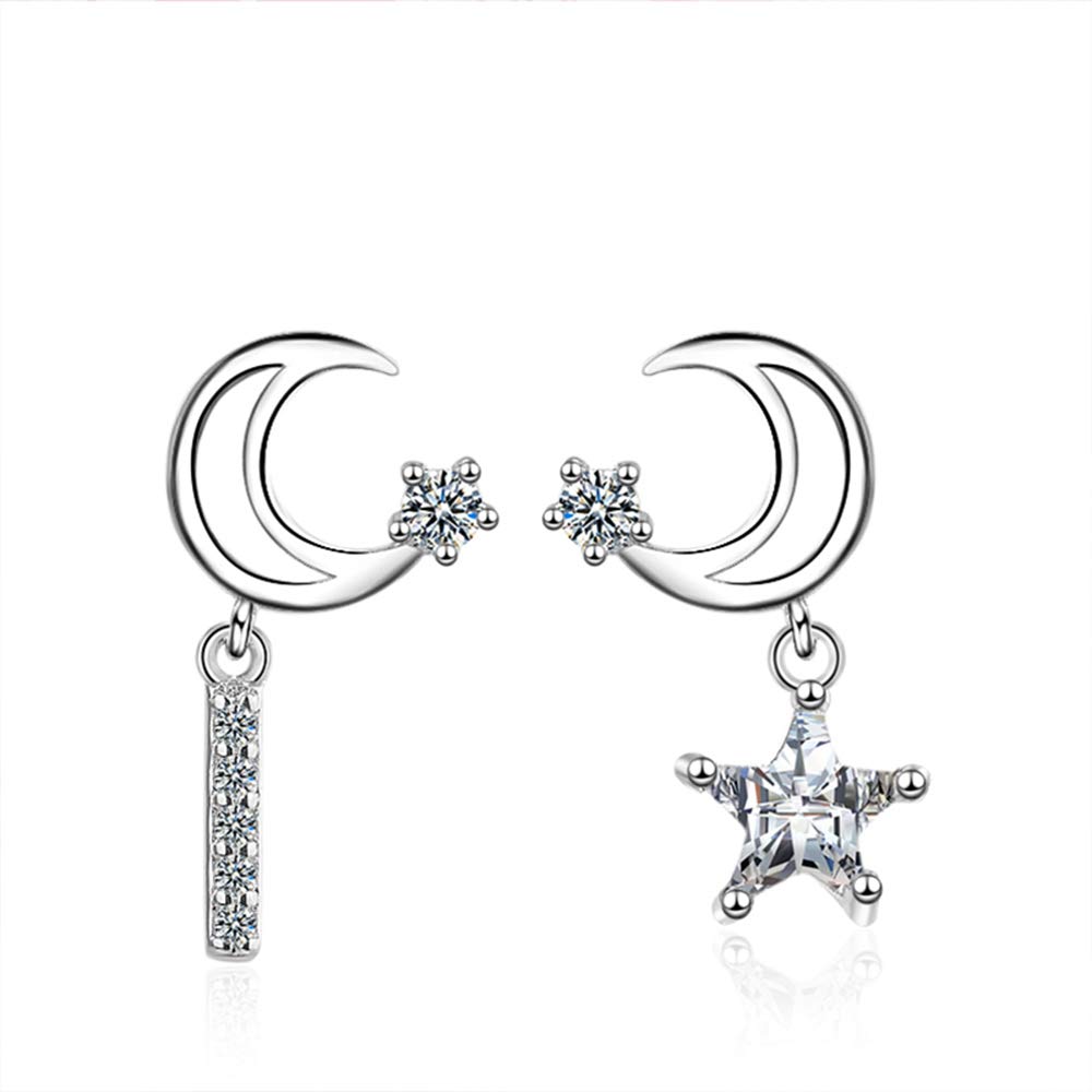 Dazzling 925 Sterling Silver Cubic Zirconia Crystal Moon Star Drop Dangle Earrings for Womens Girls