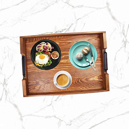 Rustic Large Tray with Handles 20-Inch, Wooden Serving Trays, Distressed Torched Wood Tray, Farmhouse Wood Butler Platters for Serve Breakfast, Appetizer, Coffee, Bar, Food, Party