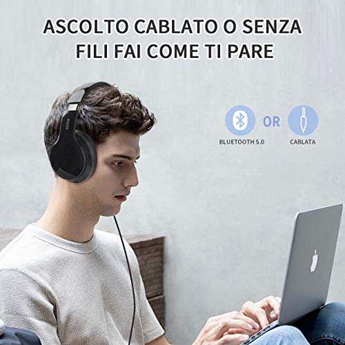 Cuffie Wireless Over Ear, Cuffie Bluetooth Senza Fili con Microfono Incorporato, Cuffie Stereo Pieghevoli Audio Hi-Fi per Telefono/Pc/Tv/Online, Comodi Paraorecchie per Indossare a Lungo(Nero)