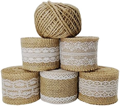 SUNHE 11 Yards/394 Inch Natural Burlap Craft Ribbon Roll with White Lace Trims Tape Ribbon and 164 Feet Jute Twine for DIY Handmade Wedding Crafts