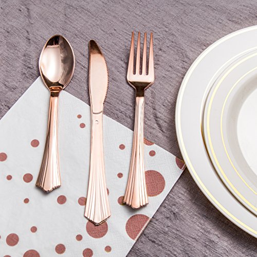 TBwisher 400 Pieces Rose Gold Disposable Flatware - Heavyweight Plastic Cutlery - Disposable Plastic Silverware Set - Includes 100 Paper Napkins, 100 Forks, 100 Spoons, 100 Knives