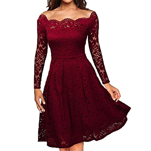 Clearance! Women Dress sfe Lace Noble Flower Embroidery Off The Shoulder Strapless Elegant Long Sleeve Dress For Dinner Party Wedding Dresses (2XL, Wine Red)