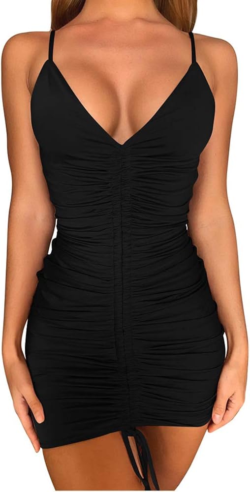 TOB Women's Sexy Adjustable Ruched Spaghetti Strap Sleeveless Club Bodycon Mini Dress: Clothing
