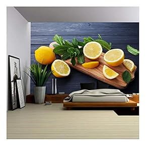 Lemon and Mint Leaves Served on Wooden Kitchen Board on Black Rustic Table - Removable Wall Mural | Self-Adhesive Large Wallpaper - 66x96 inches