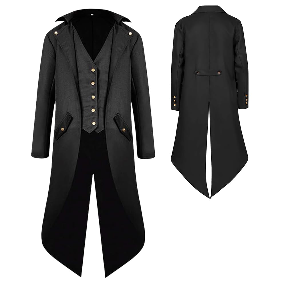 YQVGFBY Men's Gothic Steampunk Tailcoat Men,Medieval Victorian Vintage Jacket Uniform Long Tuxedo,Renaissance Pirate Vampire Party Cosplay Costumes for Adults Men (Black, M)