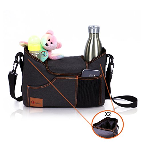 Best Universal Stroller Organizer Bag with Double Two Drink Cup Holders for Smart Moms - Baby Umbrella Stroller Storage Accessories for Shower Gifts Ideas - Bonus Shoulder Strap and Hook
