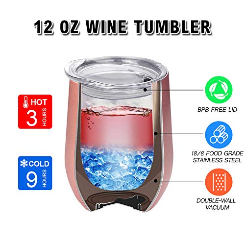 Stainless Steel Stemless Wine Tumbler, 4 Pack 12oz Double Insulated Wine Glasses with Lid for Champagne, Cocktail, Beer, Coffee, Drinks - Funny Unique Gifts Idea for Family\'s, Rose Gold