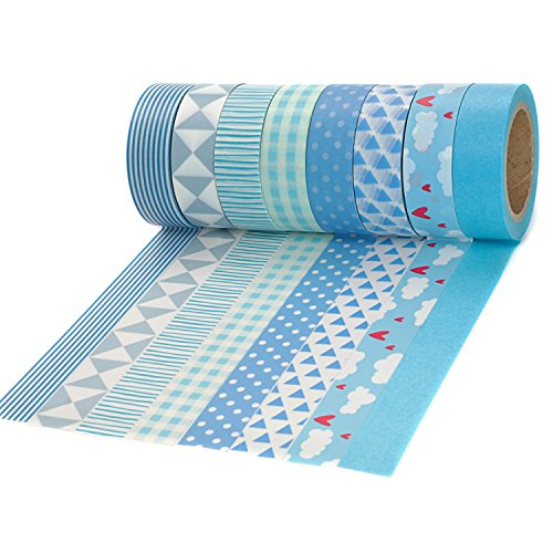 Crafty Rabbit Washi Tape Set | Blue | Repositionable Decorative Adhesive Paper Rolls for Arts and Crafts, Scrapbooking, Calendar, Planner | Set of 8